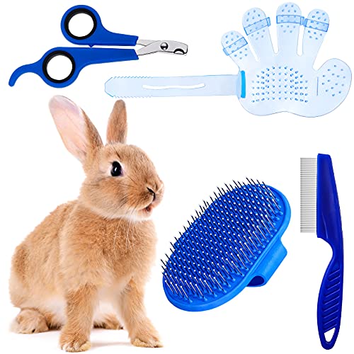 Patelai 4 Pieces Bunny Grooming Kit Rabbit Nail Clipper Rabbit Brush Hair Remover Shampoo Brush with Adjustable Ring Handle for Rabbits Guinea Pig Hamsters Puppy Kitten Hamster Ferret(Blue) - color: Blue