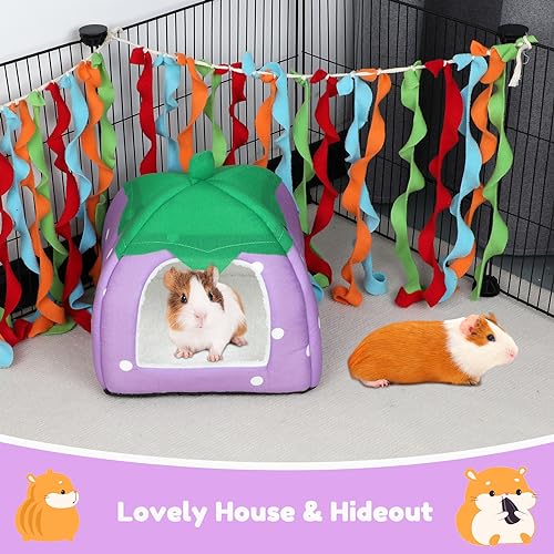 BWOGUE Guinea Pig Bed Hideout, Washable Hamster Cave for Small Animals | Removable Cushion for Cleaning, Warm Fleece Nest, Washable Bed, 10 x 9.8 x 9 in, Dwarf Rabbits Hedgehogs - color: Strawberry Purple