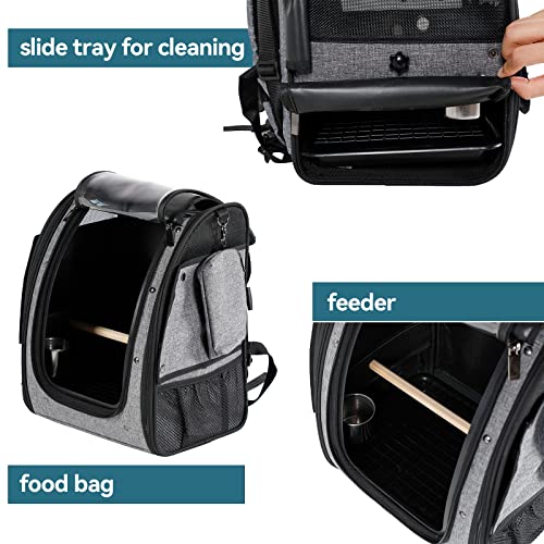 Petsfit Bird Carrier Medium Size with Stainless Steel Bowl, Parrot Backpack Includes Slide Tray for Easy Cleaning, 13" x 10" x 16" - color: Grey A, size: 13"L x 10"W x 16"H