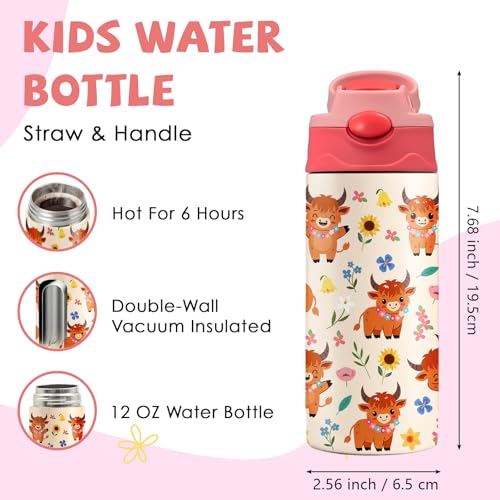 Highland Cow 12 oz Water Bottle with Straw – Kids Stainless Steel Vacuum Insulated Cup, Leakproof Pop-Up Spout, Reusable Travel Mug for Boys and Girls Outdoor Sports - color: Cow1