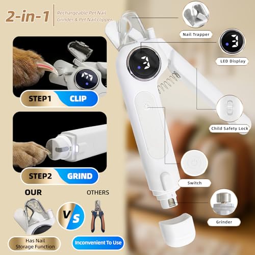 2-in-1 Quiet Electric Pet Nail Clipper & Grinder with Light for Dogs Cats | 3-Speed Grinding, Nail Catcher, Safety Guard, Low-Noise Motor, USB Rechargeable Design for Stress-Free Home Grooming - color: white
