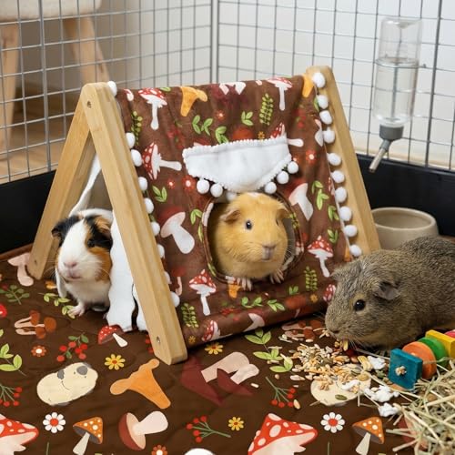 Guinea Pig Hideout No Bottom, Bamboo Small Animal House with Window, Rabbit Bunny Tunnel, Easy to Assemble for Hamsters Bunny Rat Chinchillas Playing Hiding, Guinea Pig Cage Accessories, Mushroom - color: Brown