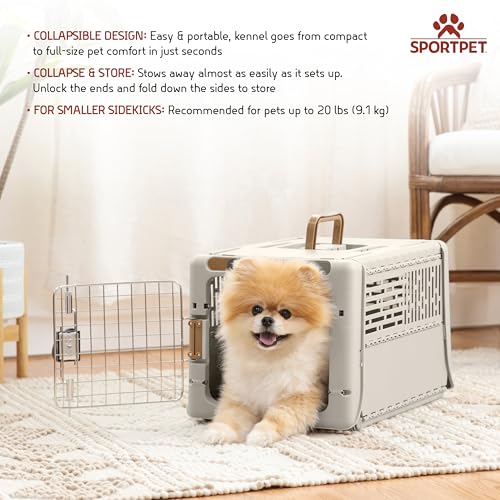 SportPet Designs Collapsible X-Small Pet Travel Carrier (Tan), Hard-Sided Kennel for Small Dogs, Puppies, Cats, Kittens, Animals up to 20lbs, Washable Home & Outdoor Pet Crate, 19.6"L x 13.5"W x 12"H - color: 19" X-Small (Tan)