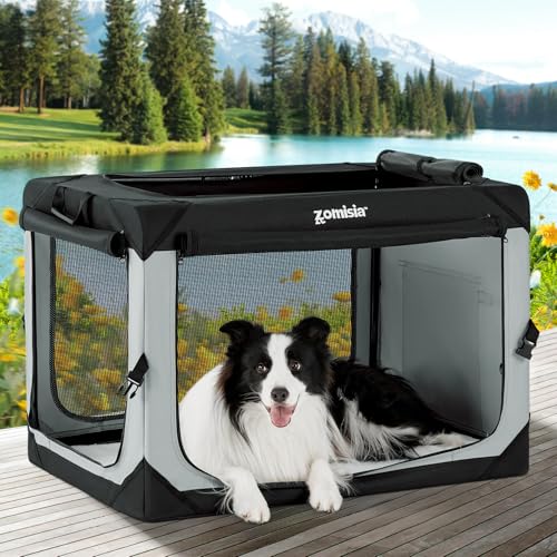 ZOMISIA 36 Inch Collapsible Dog Crate for Large Dogs, Travel Dog Crate Grey | Portable Dog Crate Soft Sided, Easy Fold & Setup Kennel, Indoor & Outdoor, Breathable Mesh Windows, Built-in Leash, Plush Pad - size: 36.0"L x 25.0"W x 25.0"H