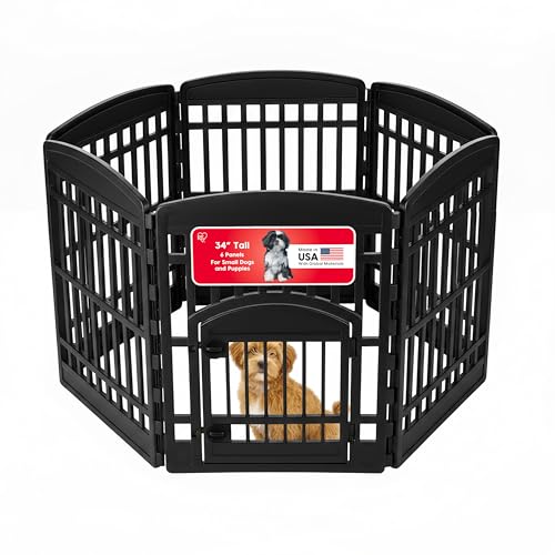 IRIS USA 6-Panel Dog Playpen, Pet Enclosure, Black | Pet Containment, Custom Pen Configuration, Flexible Boundary, Multi-Shape Setup, Tool-Free Assembly, Secure Door Latch - color: Black, size: 6 Panel - 34" H