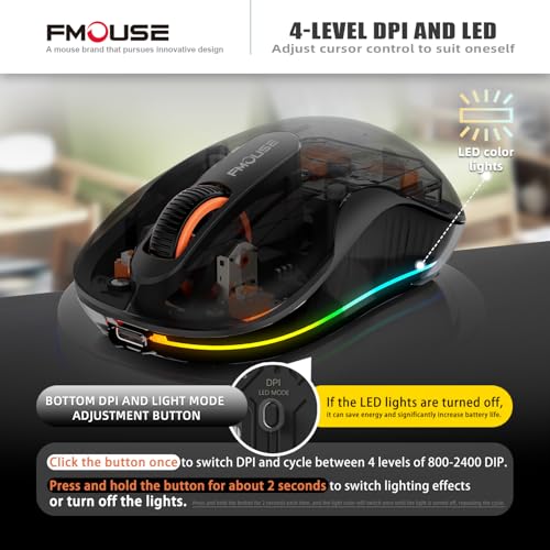 FMOUSE Transparent Wireless Mouse, Tri-Mode Bluetooth & 2.4GHz, Black | USB-A & USB-C Receiver | Rechargeable | 3 Devices for MacBook Laptop iPad PC | Silent Clicks | Portable | RGB | 4-Level DPI - color: Black