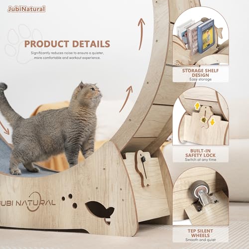 40" Cat Exercise Wheel for Indoor Cats, Low-Noise Treadmill | 4-in-1 activity center with removable carpet, safety lock, under 6 mm gap, sisal scratcher, teaser toys and storage shelf