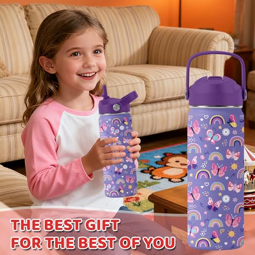 Butterfly Gifts - 18oz Purple Kids Water Bottle with Straw Lid, Stainless Steel Insulated Bottle, Leakproof, BPA-Free, for Girls, School, Travel - Butterfly Rainbow Themed Birthday Gift Cup (1pc) - color: Butterfly1, size: 18 Ounces