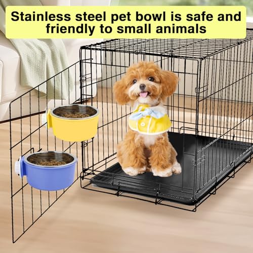 Hamiledyi 2-Pack Hanging Dog Bowls with Removable Stainless Steel Feeder - Spill-Proof Crate Bowls for Kennel/Cage, Puppy to Medium Dogs, Cats, Rabbits & Guinea Pigs (Durable Pet Food & Water Dishes) - color: B：Dark blue + Yellow