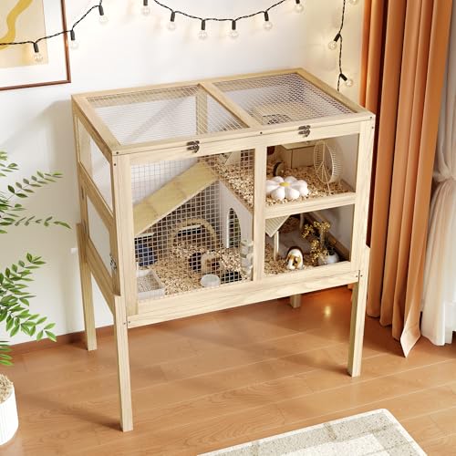 Timechee Guinea Pig Cages for 2, Small Animals Rabbit Cages with a Pull Out Tray, Large Wooden Indoor 2-Story Hamster House, Guinea Pig Hideout Habitat Playpen with Ramp, Platform, Natural