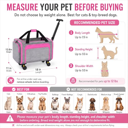 Airline Pet Carrier with Wheels, 18x11x11 for Cats & Toy Dogs | Soft-sided nylon under-seat bag, removable wheels, expandable mesh, cats & toy-breed dogs, measure pet before buying - color: Pink