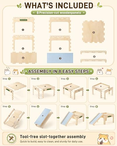BUCATSTATE Natural Wood Hamster Hideout Castle, Easy-Assemble & Breathable | Multi-channel hideaway, waterproof sturdy wood cage play hut for Syrian Dwarf Hamsters, Gerbils & Mice.