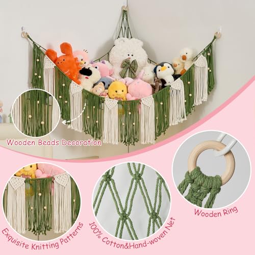 Stuffed Animal Hammock with Weaving Tassels and Beads Avocado Green - color: Avocado Green