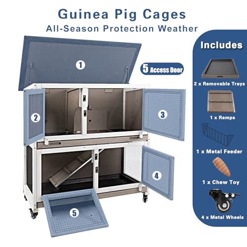 36" L Guinea Pig Cages Wooden, 2 Story Rabbit Cage Indoor Guinea Pig Habitat on 4 Metal Wheels and 2 Deeper Pull-Out Trays, Ramp, Leak Proof Guinea Pig Cages Indoor Small Animal Cage, Grey