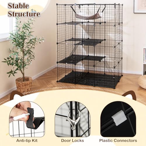 Tangkula Cat Cages Indoor, 56" Large 4-Tier Cat Enclosure with Skylight, Hammock, 3 Ladders, Detachable Metal Wire Kennel with 4 Lockable Doors, DIY Cat Crate & Pet Playpen Catio for 1-4 Cats - size: 43.0"L x 29.0"W x 56.0"H