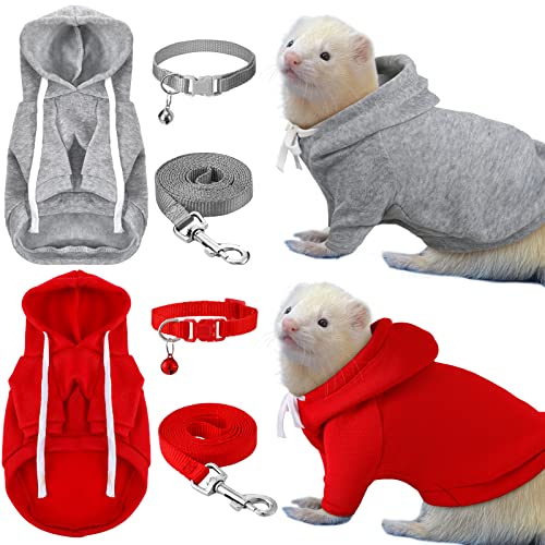Foaincore 6 Pcs Ferret Clothes Hoodie Sweater Leash Harness Set Grey Red | Soft Hoodie Sweaters with Drawstring, Collar with Bell for Safety, Leash Included, For Guinea Pig Hamster Chinchilla