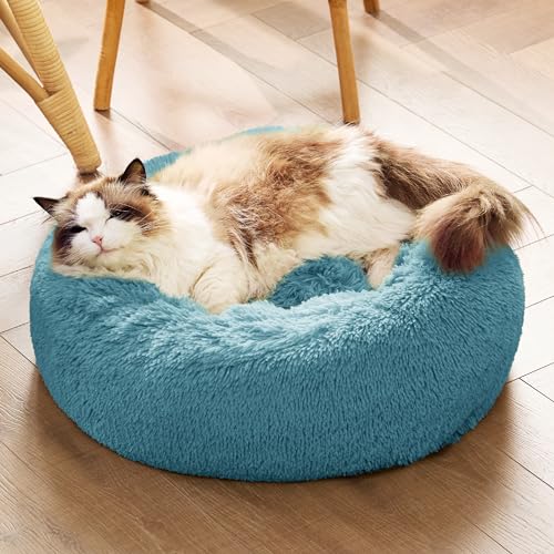 Bedsure Calming Cat Beds Donut Round Washable Kitten Bed,20 inches Washed Blue - color: Washed Blue, size: 20"L x 20"W x 6"Th