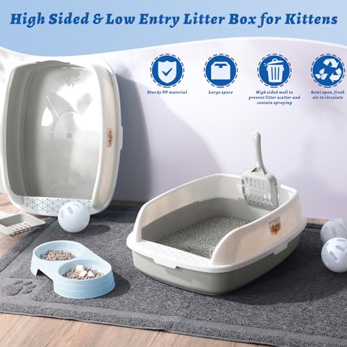 Sliner 7 Pcs Kitten Litter Box Starter Kit, 2 Plastic Small Kitty Litter Box Training Low Entry with Scoop, 2 Double Cat Bowl and Mat for Kitten Indoor(Gray) - color: Gray