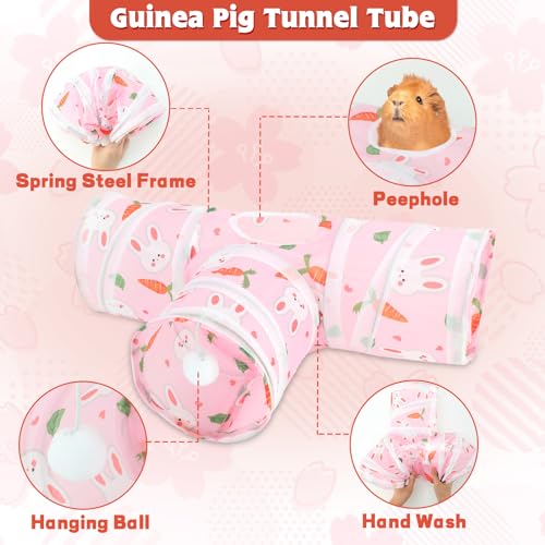 YUEPET Guinea Pig Tunnel, Guinea Pig Toys, 3-Way Play Tunnel Hideout, Pink | Guinea Pig Play Tubes, Collapsible Design, Hanging Play Ball, Peekaboo Opening, 5.9 in Entrance Diameter, Folds for Storage - color: Pink
