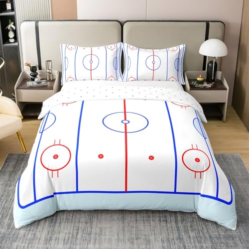 Pure Cotton Teens Hockey Comforter Cover, Kids Boys Ice Hockey Field In Blue Tones And Red Graphic Outline For Sport Events Duvet Cover, Decorative 3 Pieces Bedding Set With 2 Pillowcases, King - color: Multi 07, size: King (No Comforter)