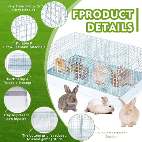 DoubleFill 4 Hole Foldable Rabbit Transport Cage, 28 x 16 x 12 in Portable Metal Bunny Carrier with Tray & Handles for Travel Temporary, Small Animal Cage for Guinea Pigs Hamster Indoor Outdoor - color: Sliver, size: 28.9"L x 21.3"W x 3.5"H