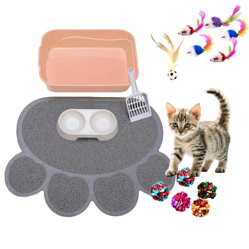 Kitten Litter Box Starter Kit with Mat, All-in-One Starter Kit for Kittens & Small Cats, Anti-Tracking Litter Mat, Easy Clean, Includes Scoop & Toys, Compact Size (PinkScoop Set) - color: PinkScoop Set