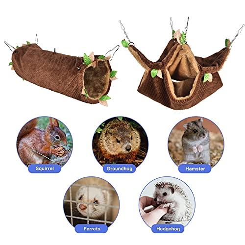 Petmolico 2 Pack Small Animal Hammocks, Warm Plush Hanging Tunnel & Double Tier Bunkbed Hammock Cage for Ferret Guinea Pig Chinchilla Squirrel Rat Hamster Hideout Sleeping Swing Hammock, Brown