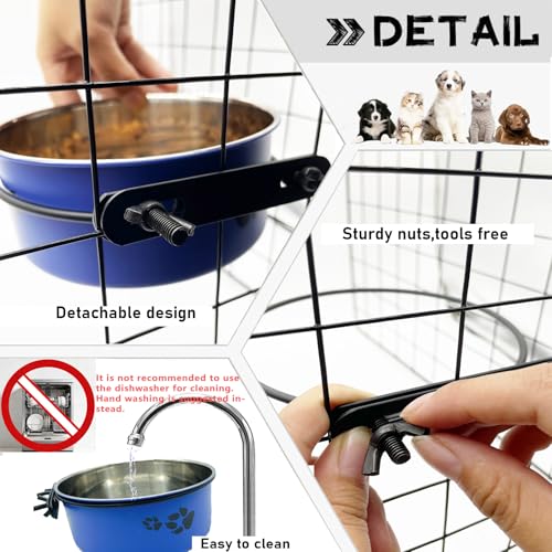 Dog Crate Food and Water Bowl 2Pcs Small Pet Hanging Kennel Removable Dish Feeding Cup with Holder for Medium Large Size Cat Puppy (Blue, 5.5''X2.3''&6.3‘’X2.5'') - color: blue