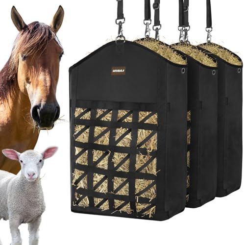 Ultra-Slow Feed Hay Bag for Horses, 3 Packs Hay Bags with Net Front Design,Wide Opening for Easy Filling,Two Types of Hanging for Feeding Goats, Sheep and Donkeys (3 Black) - color: 3 Black