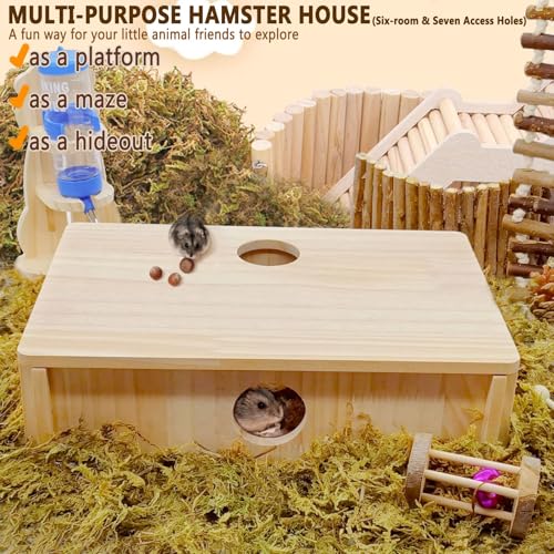 Kathson Multi-Chamber Hamster Tunnel House Maze: 2 Entrance 6 Rooms Hideout | Multichamber Hamster Hide with Cover,Mice House Tunnel Exploring Toy for Dwarf Hamsters, Gerbils,Small Animals - color: Natural wood Hamster Maze House