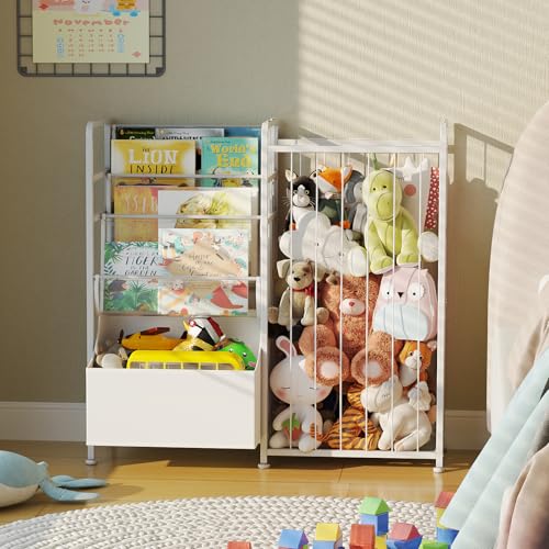 BBLIKE Kids Bookshelf and Stuffed Animal Storage - Multi-Function Nursery Book Shelves with Leather Toy Box and PVC Book Display, Toy Organizer for Playroom, Bedroom, Nursery, White - color: White