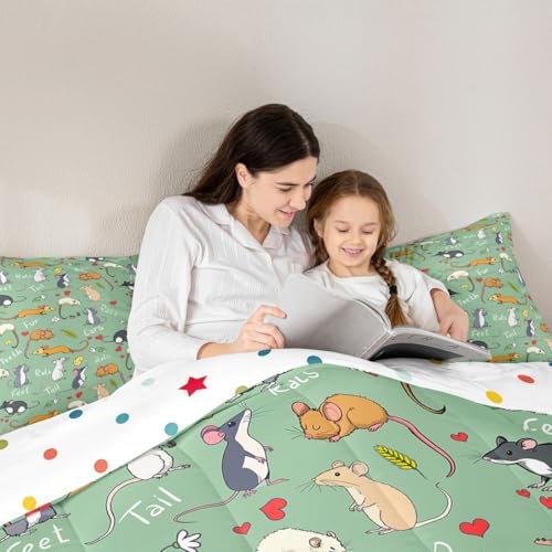 Erosebridal Kids Rat Comforter Set, Mouse Rodents Bedding Set Full Size, Funny Animal Love Heart Duvet Sets for Boys Girls Children Bedroom, Cartoon Style Duvet Insert Decorative Room, Green - color: Multi 34, size: Full