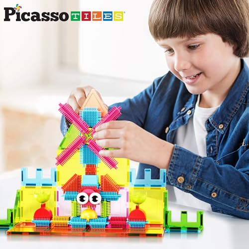 PicassoTiles Magnetic Tiles & Hedgehog 2-in1 Interlocking Brush Connector Magnet Building Blocks Construction Set Learning Playset STEM Toys Development Preschool Education Toy Toddler Age 3 Up PTE21 - style: 75 pcs 2-in1