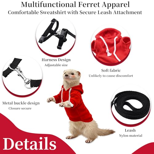 Ferret Clothes and Leash Set, Warm Hoodie Sweater with Harness and Leash for Outdoor Walking, Cozy Wear for Ferrets, Chinchillas, Small Pets, Adjustable Small Pet Outfits (Red) - color: Red