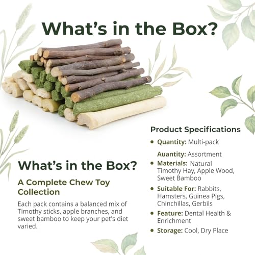 Sukh 300g Rabbit Chew Toy Set-Timothy Hay,Apple Sticks & Sweet Bamboo Stick | Natural Small Animal Treat Set for Rabbits, Guinea Pigs, Chinchillas and Squirrels, for Teeth Grinding, Enrichment and Gifts - color: Timothy & Apple & Sweet Bamboo