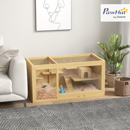 PawHut Wooden Hamster Cage, Extra Large Gerbil Cage, Multi-Layer Small Animal Cage for Dwarf Hamster, Activity Center with Pull-Out Tray, Seesaws, Water Bottle, Ladder, Openable Top | Gerbil Habitat, Multi-Layer Small Animal Cage, Activity Center, Seesaws