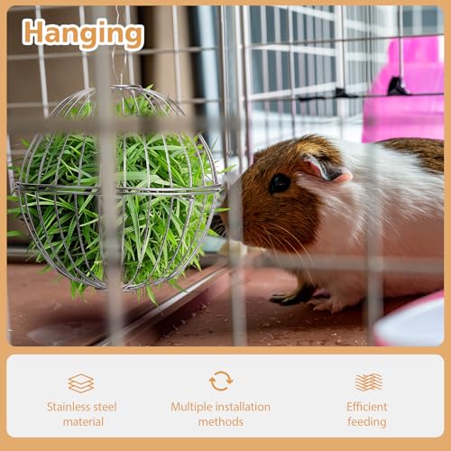 2 Pack Rabbit Hay Ball Feeder Stainless Steel Hanging Hay Holder Dispenser Small Animal Grass Feeder Rack Ball Toy for Bunny Hamster Guinea Pig Chinchilla Gerbils Cage Accessories Supplies