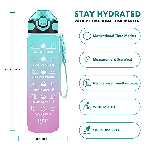 Enerbone 32 oz Drinking Water Bottle with Times to Drink and Straw, Motivational with Carrying Strap, Leakproof BPA & Toxic Free, Ensure You Drink Enough Water for Fitness Gym Outdoor - color: Green-Purple