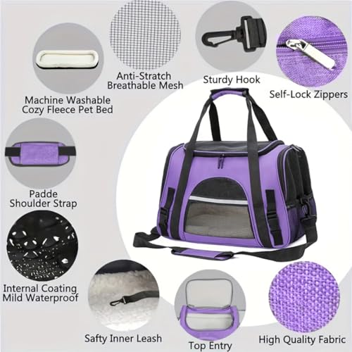 Cat Carrier Bag, Airline Approved Soft Carrier for Cats & Small Dogs | Airline approved pet carrier for pets under 15lb, breathable mesh with privacy cover, lightweight, foldable & washable - color: Purple