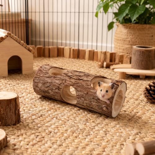 IMIKEYA 2Pcs Hamster Wooden Hideout Tunnel - Natural Hide Tube | Hamster Mouse Tunnel Tube, Multi Chamber Burrow Exploring Toy for Small Dwarf Hamsters, Gerbils, DIY Cage Playground Hideout