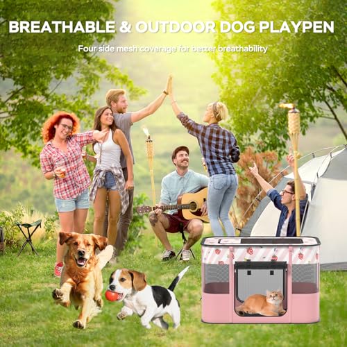 Portable Pet Playpen, Cat Playpen for Indoor Cats Enclosed，Kitten Playpen Indoor with Resistant Breathable Shade Cover,Indoor Outdoor Use for Small Medium Pet (M, Pink) - color: Pink, style: Medium（31.5"L x 23.6"W x 21.7"H）