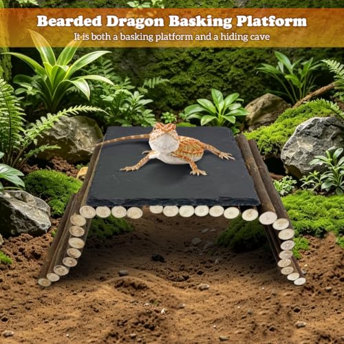 Reptile 15.7x5.9″Bendable Wooden Bridge with 5.9x5.9″Slate Rock Bearded Dragons Basking Platform Set Climbing Hideout Basking Terrace and Hide Cave for Lizard Gecko Flexible Habitat Decor - size: S: 15.7x5.9″Wooden Bridge,5.9x5.9″Slate Rock