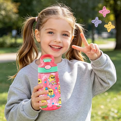 Kids Plastic Water Bottle - Duck Water Bottles for Kids, 14oz Plastic Water Bottle with Straw Lid, Leakproof BPA-Free Cute Duck Water Bottles for Home Sports Travel, Pop-Up Straw Cover, Pink - color: Fun Duck