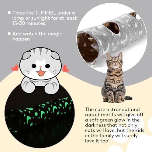 Cat Tunnels for Indoor Cats with Plush Toys Glows in The Dark Dog Cat Tunnel Tube Toys Photoluminescent for Indoor Cats Small Dogs Puppy Kitten Rabbit Bunny Ferret Pet Gray - color: Gray