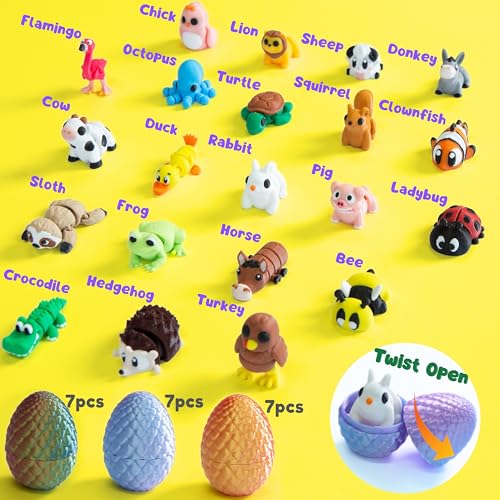 MONJITA 21 Pcs 3D Printed Easter Eggs with 21 Pcs Mini Animal Figurines Inside, Flexible Articulated Fidget Toys, Party Favors, Easter Basket Stuffers, Gifts for Kids Students Carnival Prizes - size: 21pcs eggs & 21pcs animals