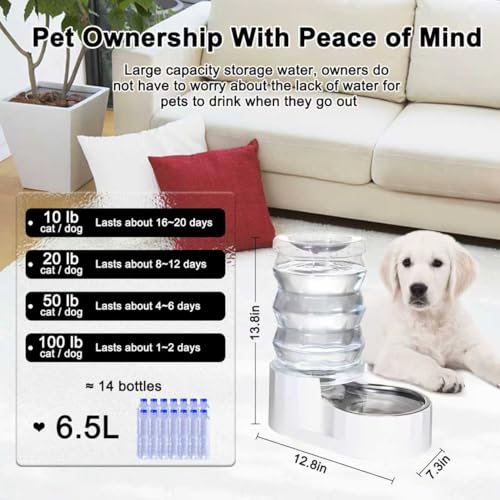 RIZZARI 6.5L Stainless Steel Dog Water Dispenser:Anti Spill for Medium Dogs | Stainless Steel Bowl / No Electricity / Gravity Auto Refill / Stable Base / Easy Cleaning / Home Use - color: White, size: 6.5L