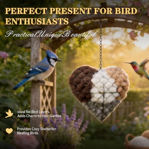 2pc Handmade Alpaca Fiber Heart Bird Nesting Material Holder Hummingbird Nest Balls Ornament for Cage Box Cage Accessories Nido Para Periquitos House for Wild Birds Handmade Metal Refillable Birds