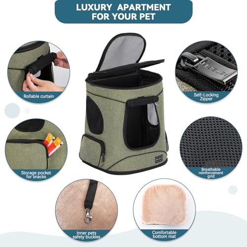 Petsfit Dog and Cat Backpack Carrier, Padded Waist Support, Up to 18 lb | 13.5 x 12.5 x 17.5 in; reinforced frame, 600D Oxford, 4 mesh panels, lockable zippers, safety tether and washable mat. - color: AGreen