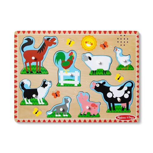 Melissa & Doug Farm Animals Sound Puzzle – 8-Piece Wooden Peg Puzzle with Light-Activated Sounds, Music Learning Toy for Toddlers and Preschoolers Ages 2+ - size: 11.95 x 8.8 x 1.05, style: Farm Animals