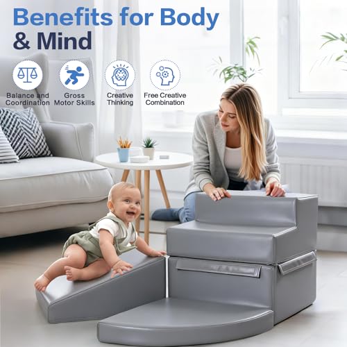 Sumbababy Foam Climbing Blocks for Toddlers: 4 PCS Soft Play Toys - Waterproof PU Leather Climber - Kids Indoor Playground Set for Preschool and Daycare - style: Grey